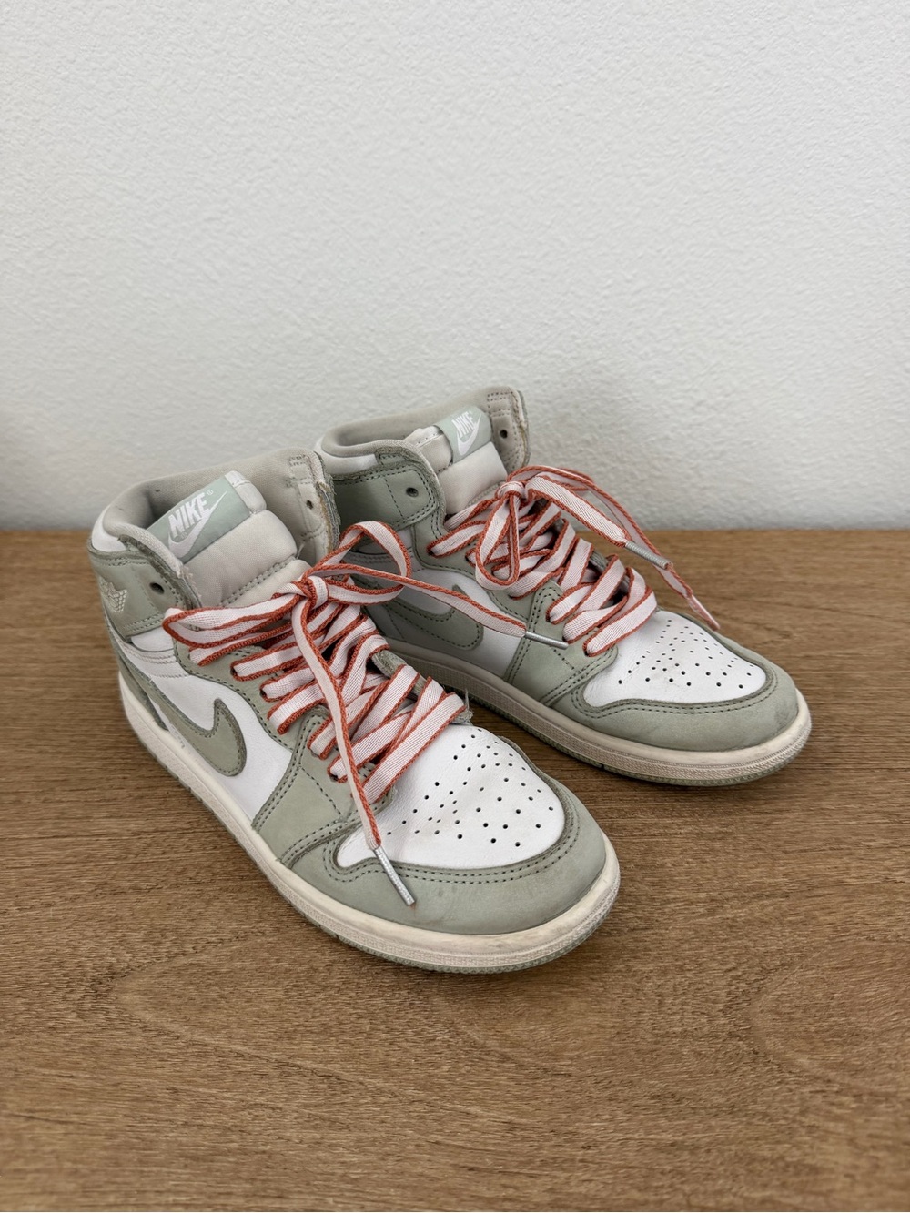 Nike Kids High-Top Sneakers in Sage Green, White and Coral Laces